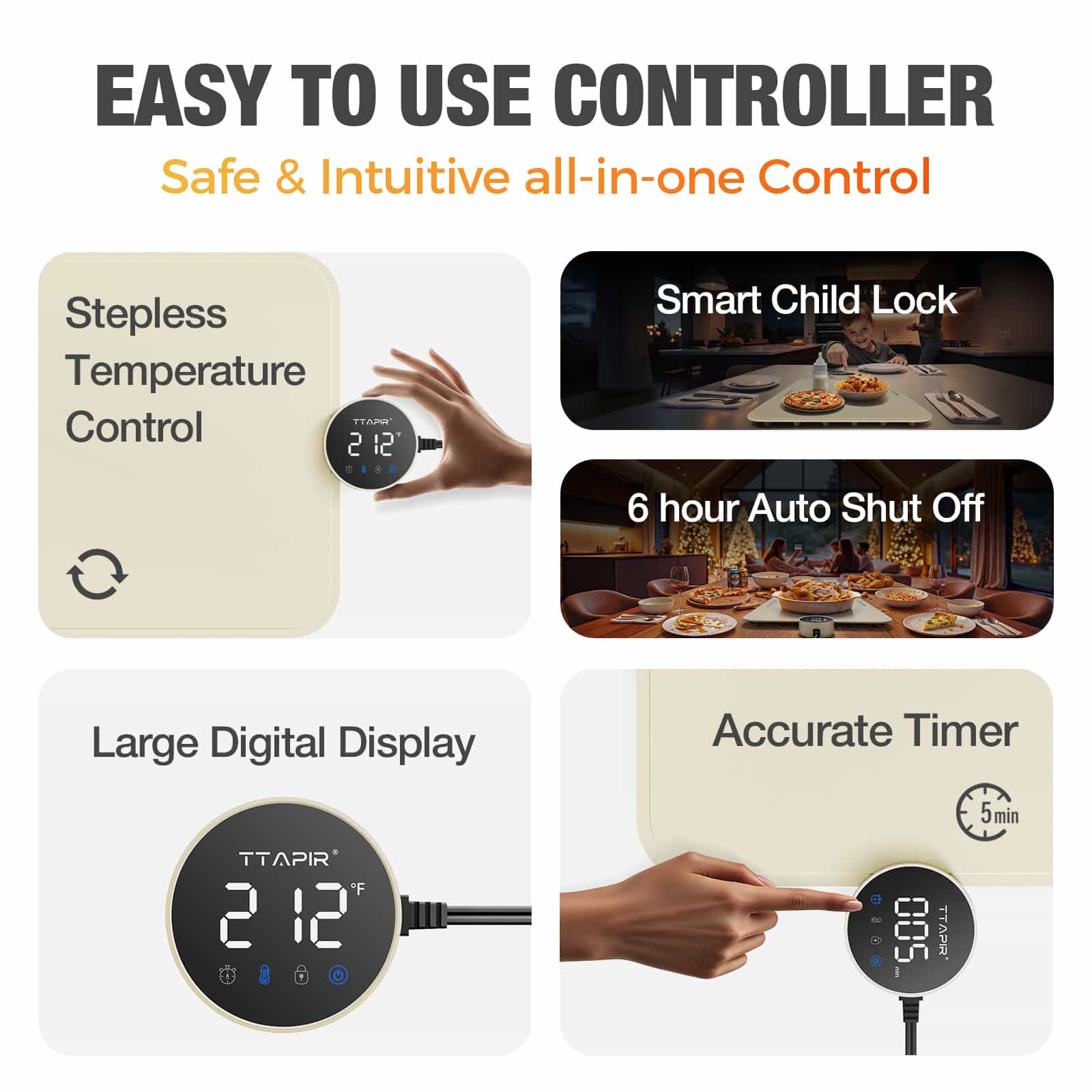 Feature panel showing temperature control, timer, and child lock