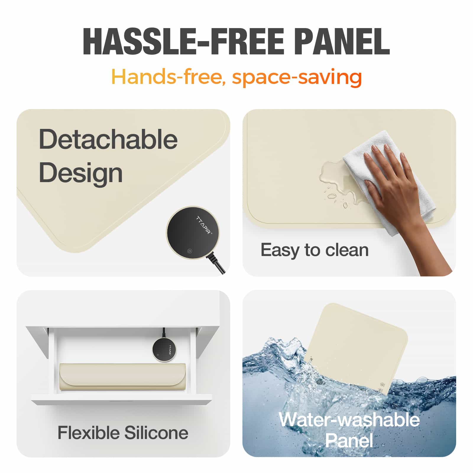 Detachable warming mat design and easy-clean panels